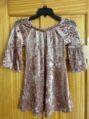 Girls' Blush Pink Velvet Floral-Embroidered Casual Dress